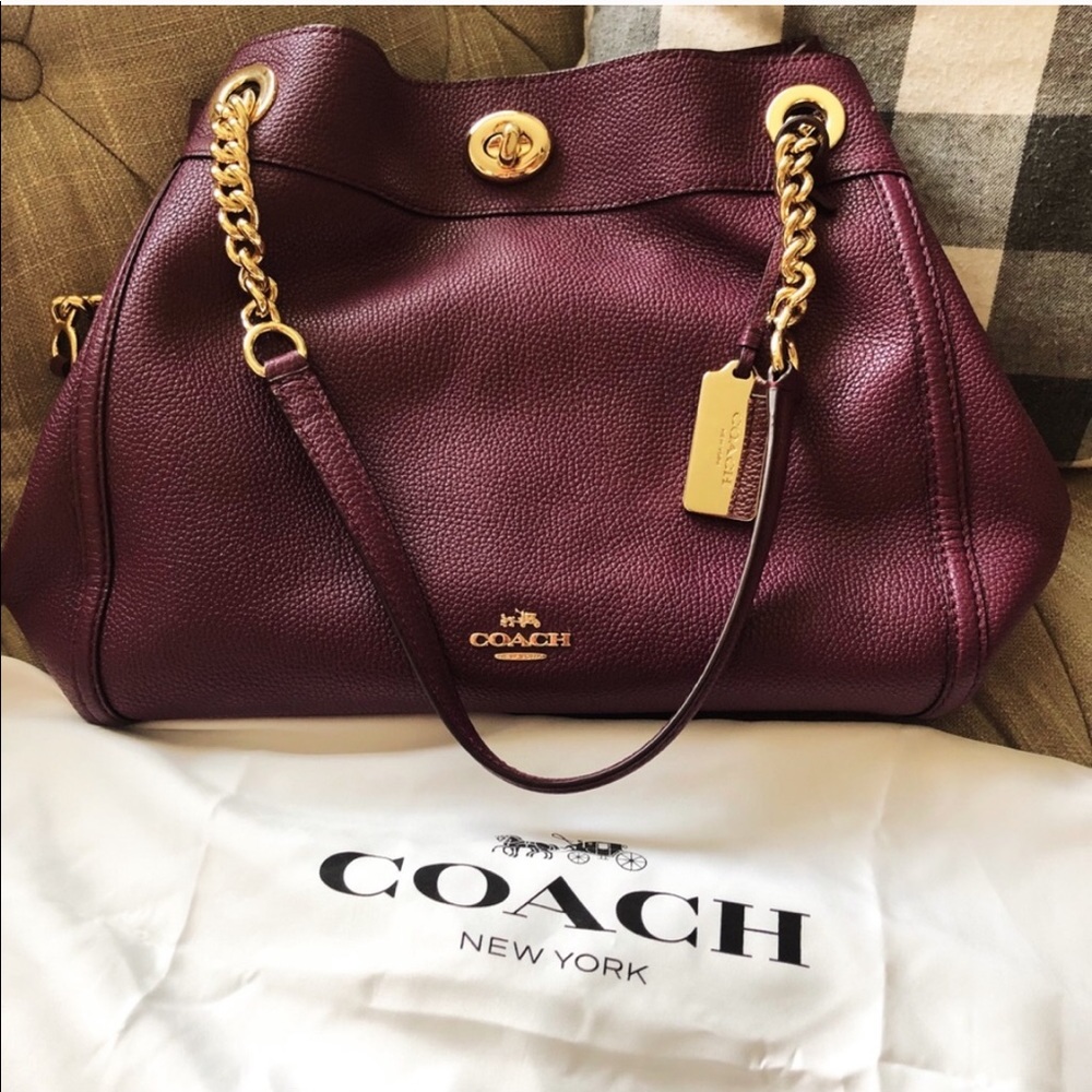 Coach Edie Turnlock Pebbled Leather Purple Shoulder Bag - Picture 2 of 8